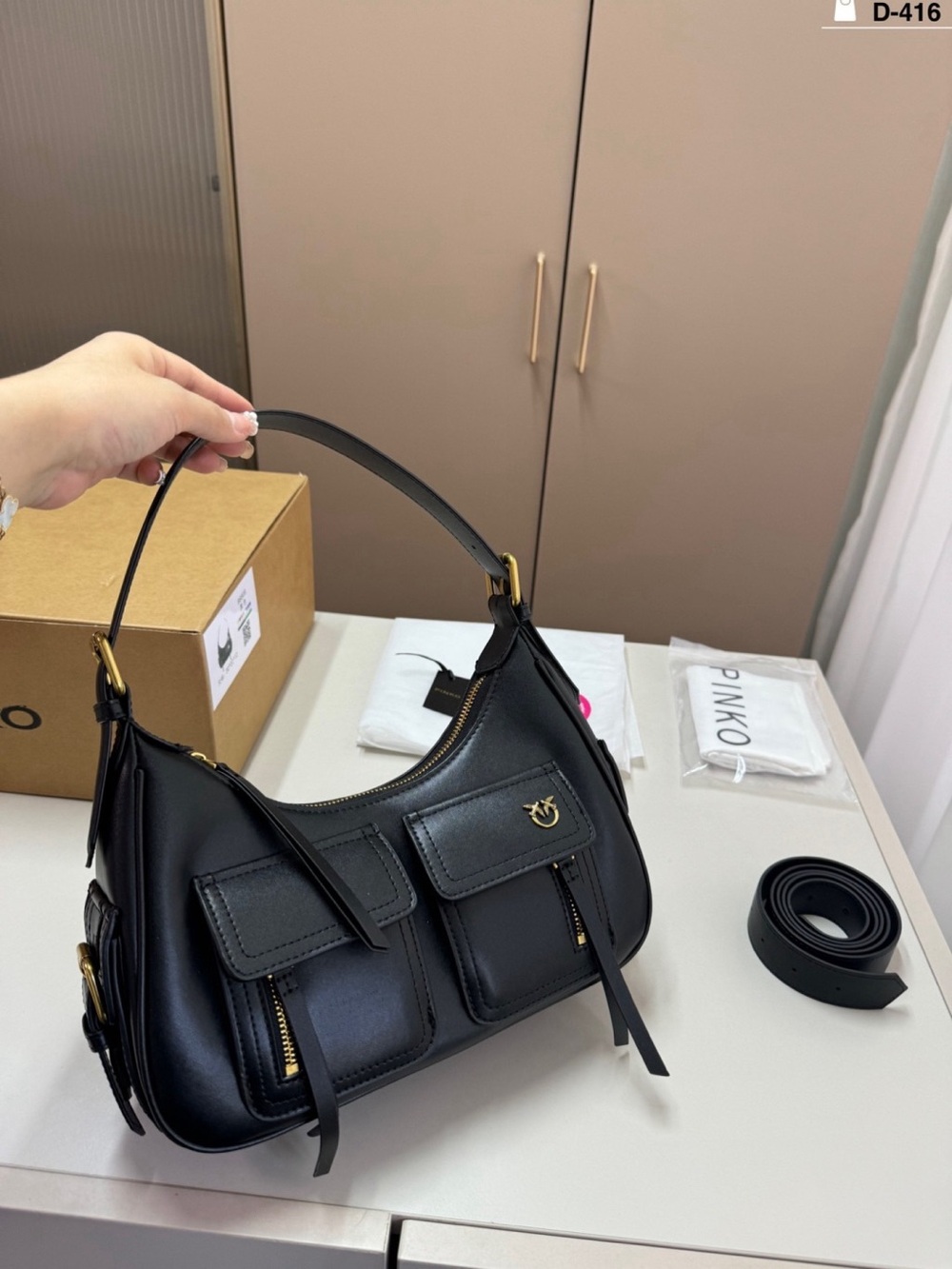 Pinko Black Leather Shoulder Bag with Front Pockets and Gold Hardware - Picture 3 of 9